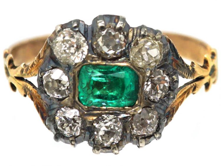 Georgian 9ct Gold & Silver, Emerald & Diamond Cluster Ring