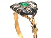 Georgian 9ct Gold & Silver, Emerald & Diamond Cluster Ring