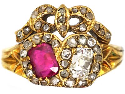 Victorian 18ct Gold Ruby & Diamond Double Heart Ring with Bow Top
