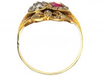 Victorian 18ct Gold Ruby & Diamond Double Heart Ring with Bow Top