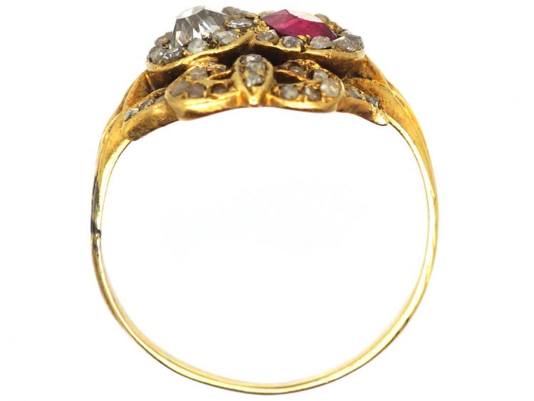 Victorian 18ct Gold Ruby & Diamond Double Heart Ring with Bow Top