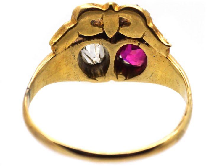Victorian 18ct Gold Ruby & Diamond Double Heart Ring with Bow Top