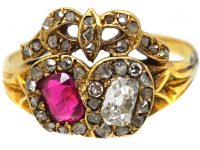 Victorian 18ct Gold Ruby & Diamond Double Heart Ring with Bow Top