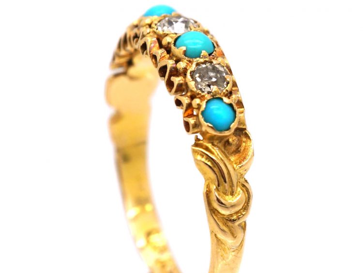 Victorian 15ct Gold, Turquoise & Diamond Seven Stone Ring