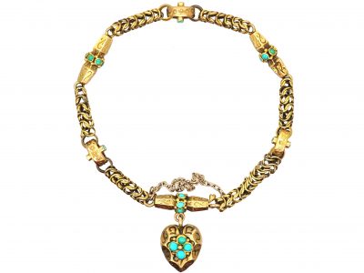 Regency 15ct Gold & Turquoise Bracelet with Heart Drop in Original Case