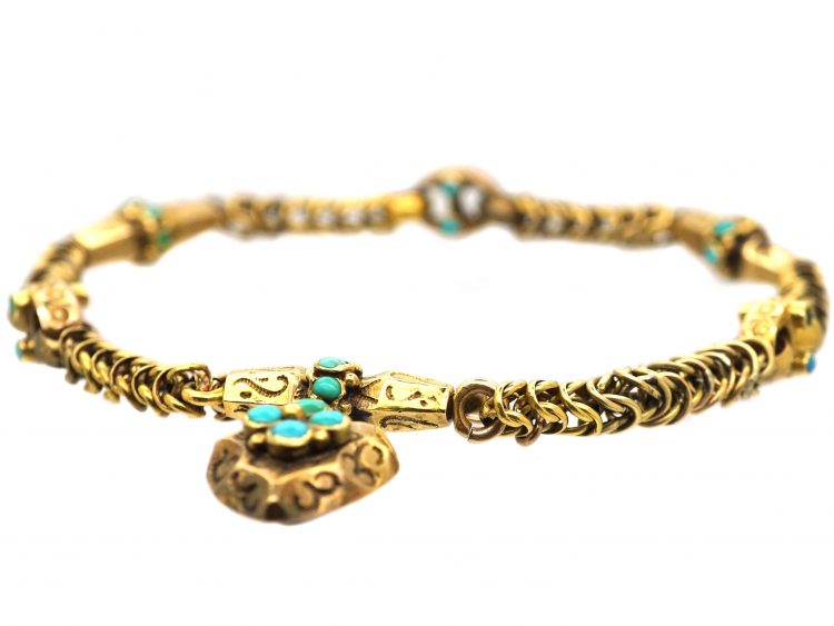 Regency 15ct Gold & Turquoise Bracelet with Heart Drop in Original Case