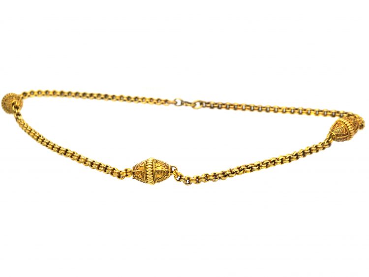 Victorian 15ct Gold Chain Interspersed with Three Oval Etruscan Revival Sections