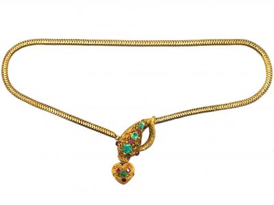 Victorian 18ct Gold Snake Necklace set with Emeralds & Rubies