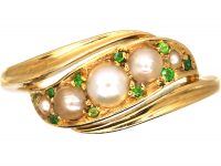 Edwardian 18ct Gold Crossover Ring set with Natural Pearls & Green Garnets