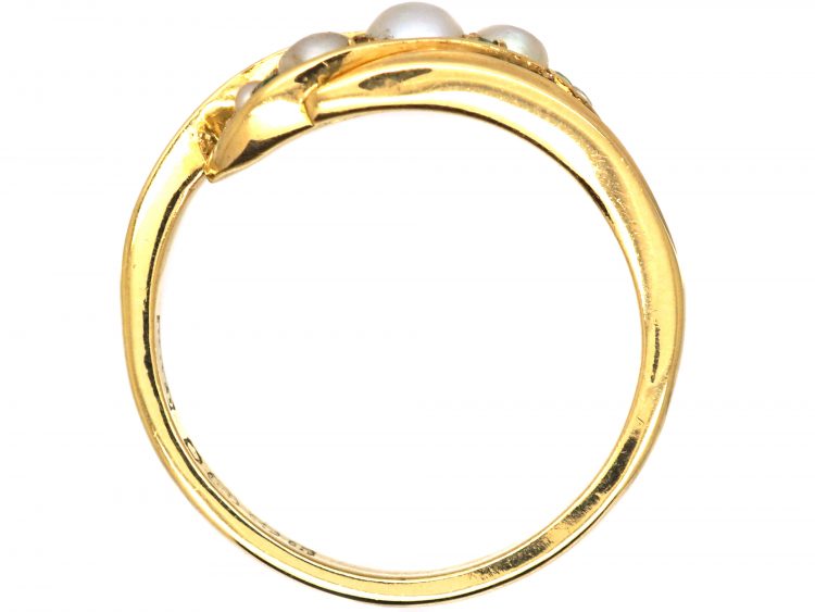 Edwardian 18ct Gold Crossover Ring set with Natural Pearls & Green Garnets