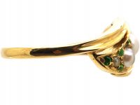 Edwardian 18ct Gold Crossover Ring set with Natural Pearls & Green Garnets