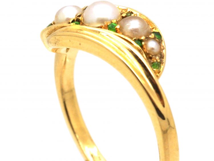 Edwardian 18ct Gold Crossover Ring set with Natural Pearls & Green Garnets