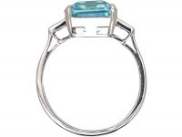 Retro Platinum Ring set with a Rectangular Cut Aquamarine with Baguette Cut Diamond Shoulderss