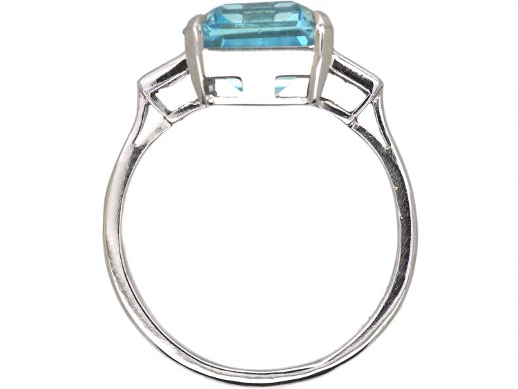 Retro Platinum Ring set with a Rectangular Cut Aquamarine with Baguette Cut Diamond Shoulderss