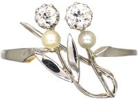 Art Nouveau 18ct Gold & Platinum, Two Flowers Ring set with Diamonds & Natural Pearls