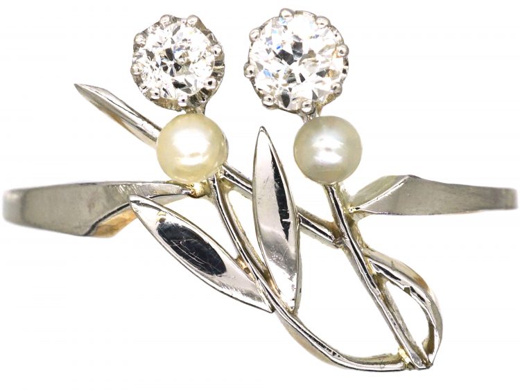 Art Nouveau 18ct Gold & Platinum, Two Flowers Ring set with Diamonds & Natural Pearls