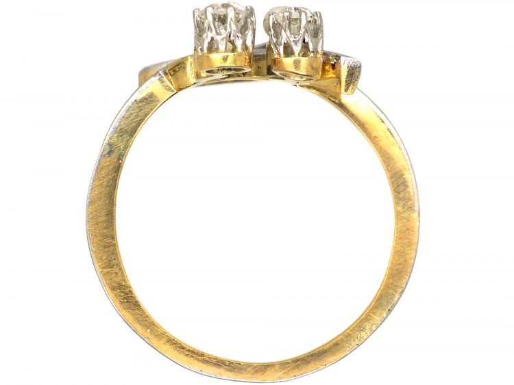 Art Nouveau 18ct Gold & Platinum, Two Flowers Ring set with Diamonds & Natural Pearls