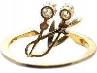 Art Nouveau 18ct Gold & Platinum, Two Flowers Ring set with Diamonds & Natural Pearls