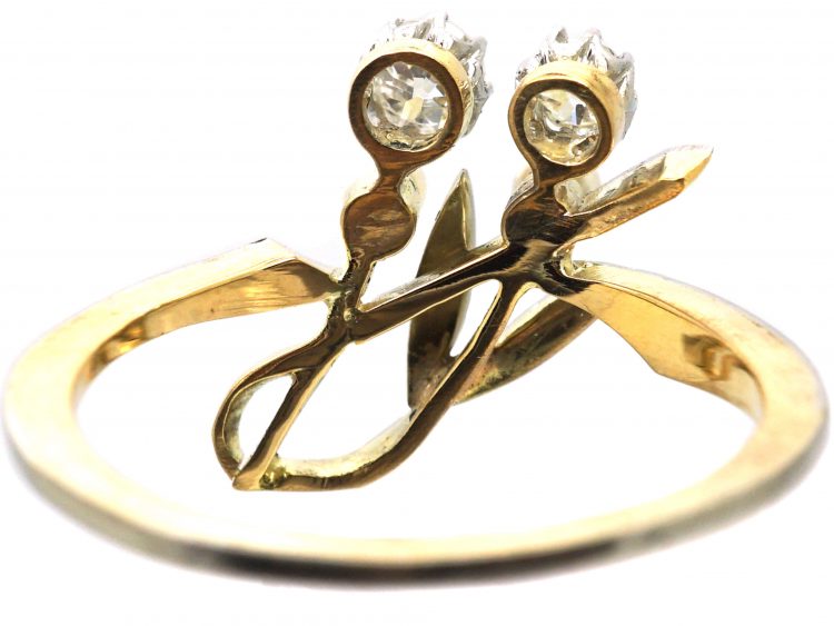 Art Nouveau 18ct Gold & Platinum, Two Flowers Ring set with Diamonds & Natural Pearls