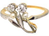 Art Nouveau 18ct Gold & Platinum, Two Flowers Ring set with Diamonds & Natural Pearls