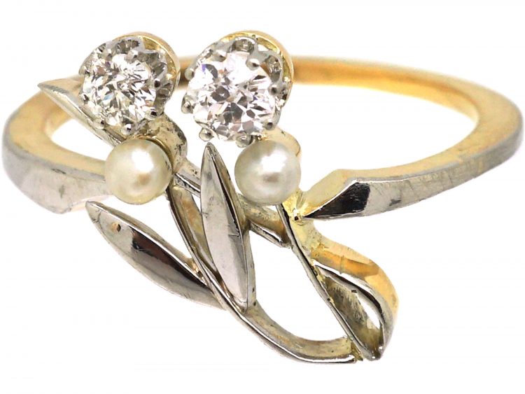 Art Nouveau 18ct Gold & Platinum, Two Flowers Ring set with Diamonds & Natural Pearls