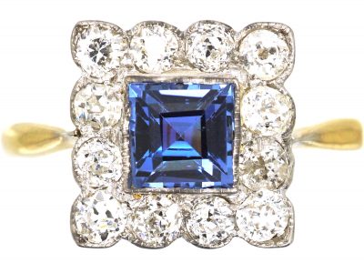 Edwardian 18ct Gold & Platinum, Sapphire & Diamond Square Ring