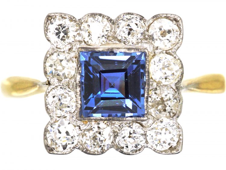 Edwardian 18ct Gold & Platinum, Sapphire & Diamond Square Ring