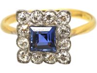 Edwardian 18ct Gold & Platinum, Sapphire & Diamond Square Ring