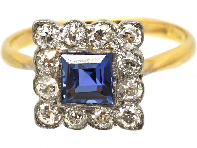 Edwardian 18ct Gold & Platinum, Sapphire & Diamond Square Ring