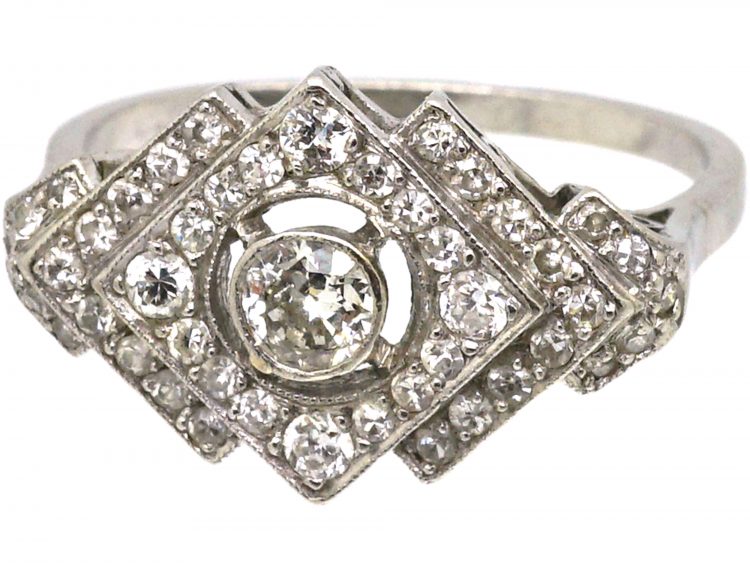 Art Deco Platinum Geometric Diamond Shaped Ring set with Diamonds