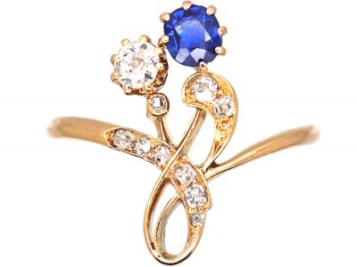 Art Nouveau 14ct Gold Flower Ring set with a Sapphire & Diamonds