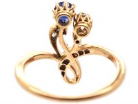 Art Nouveau 14ct Gold Flower Ring set with a Sapphire & Diamonds