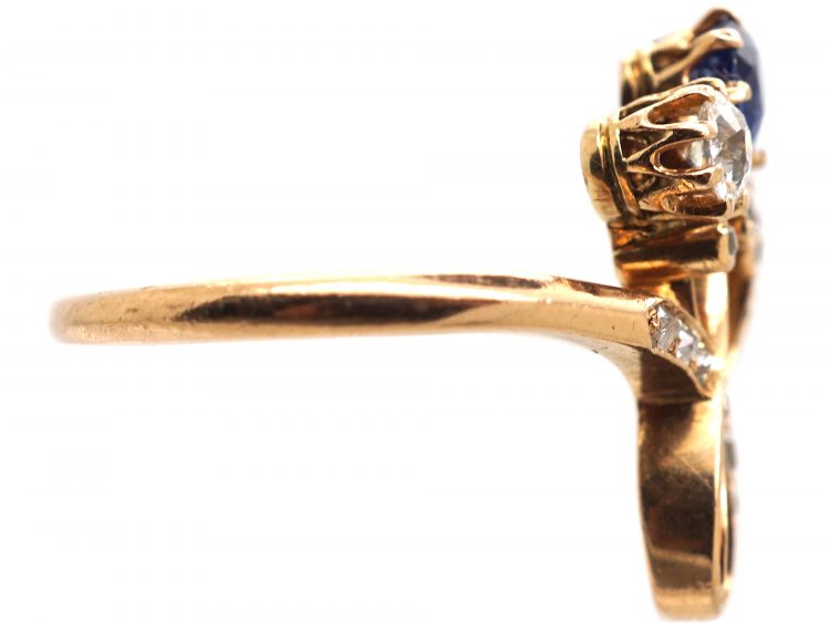 Art Nouveau 14ct Gold Flower Ring set with a Sapphire & Diamonds