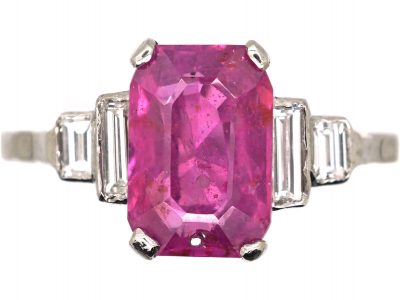 Art Deco Platinum, Rectangular Cut Pink Sapphire & Diamond Ring