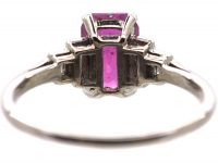 Art Deco Platinum, Rectangular Cut Pink Sapphire & Diamond Ring