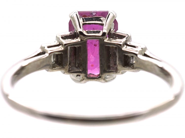 Art Deco Platinum, Rectangular Cut Pink Sapphire & Diamond Ring
