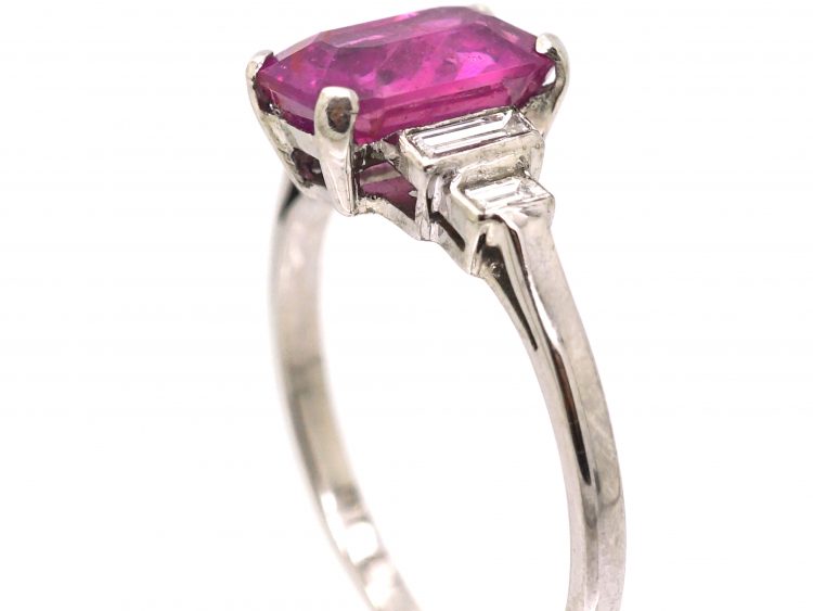 Art Deco Platinum, Rectangular Cut Pink Sapphire & Diamond Ring