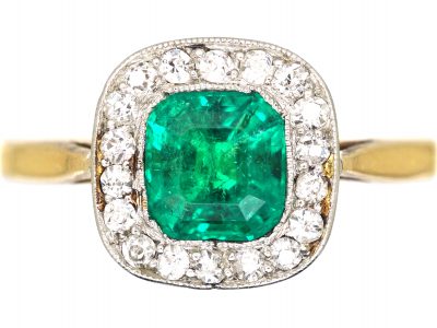 Edwardian 18ct Gold & Platinum, Emerald & Diamond Cluster Ring