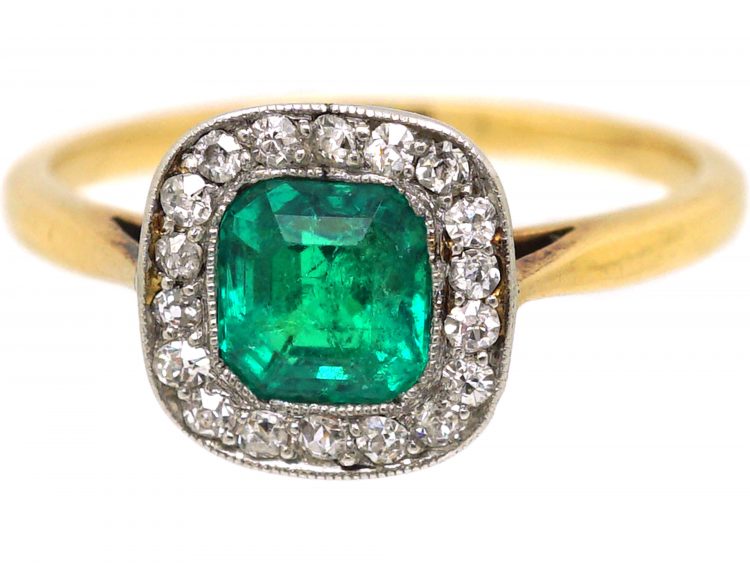 Edwardian 18ct Gold & Platinum, Emerald & Diamond Cluster Ring