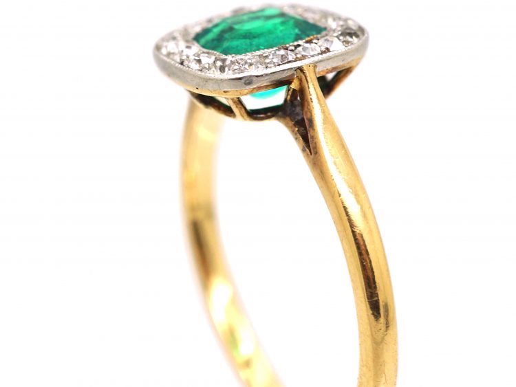 Edwardian 18ct Gold & Platinum, Emerald & Diamond Cluster Ring