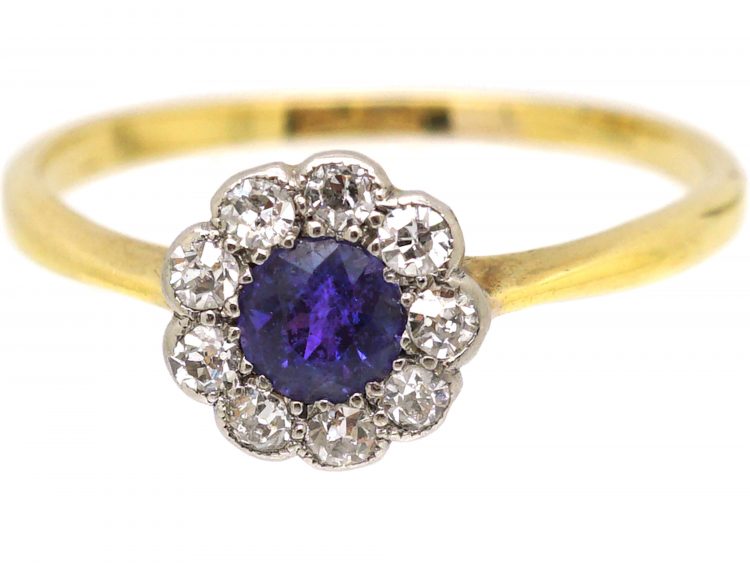 Edwardian 18ct Gold & Platinum, Sapphire & Diamond Cluster Ring