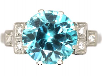 Art Deco Platinum Ring set with a Zircon with Stepped Diamond set Shoulders