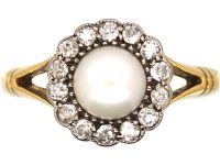 Edwardian 18ct Gold Cluster Ring set with a Natural Pearl & Diamonds