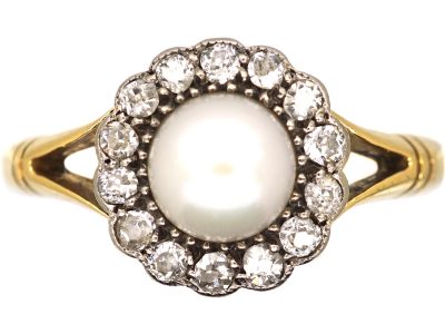 Edwardian 18ct Gold Cluster Ring set with a Natural Pearl & Diamonds