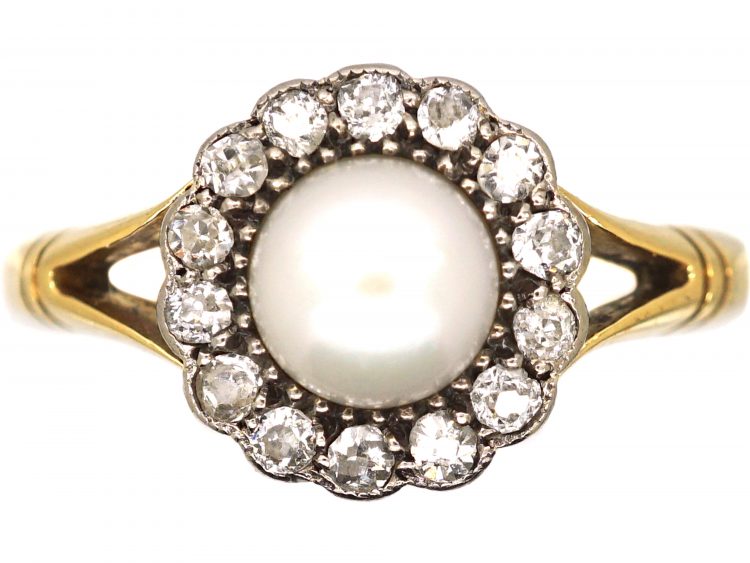 Edwardian 18ct Gold Cluster Ring set with a Natural Pearl & Diamonds