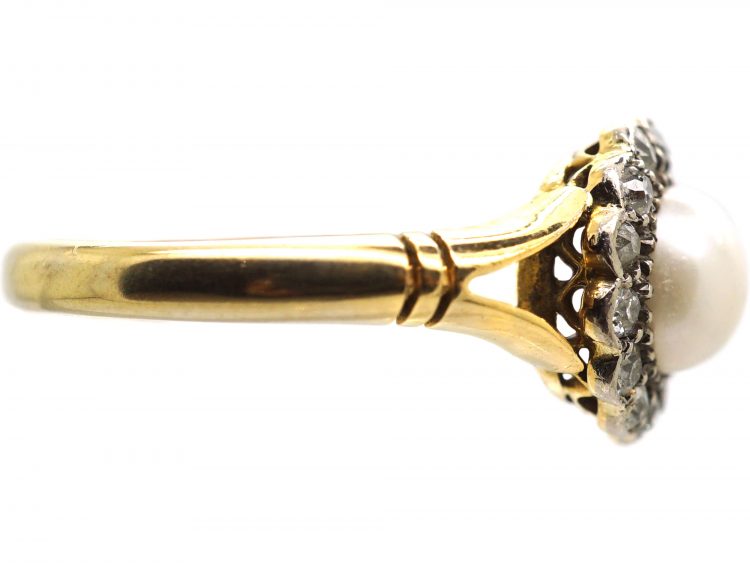 Edwardian 18ct Gold Cluster Ring set with a Natural Pearl & Diamonds