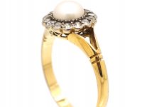 Edwardian 18ct Gold Cluster Ring set with a Natural Pearl & Diamonds