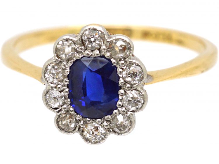 Edwardian 18ct Gold & Platinum, Sapphire & Diamond Oval Cluster Ring