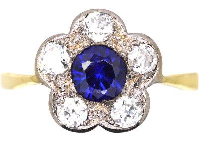 Edwardian 18ct Gold & Platinum, Sapphire & Diamond Flower Cluster Ring