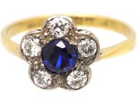 Edwardian 18ct Gold & Platinum, Sapphire & Diamond Flower Cluster Ring